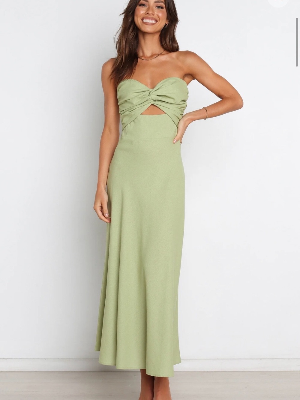 Strapless Sage Twist-Front Maxi Dress